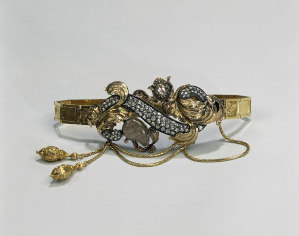 Bracelet. Gold, gilt silver, diamonds and hair. Germany and the Netherlands (?), ca. 1845 - 1850. Rijksmuseum Collection.