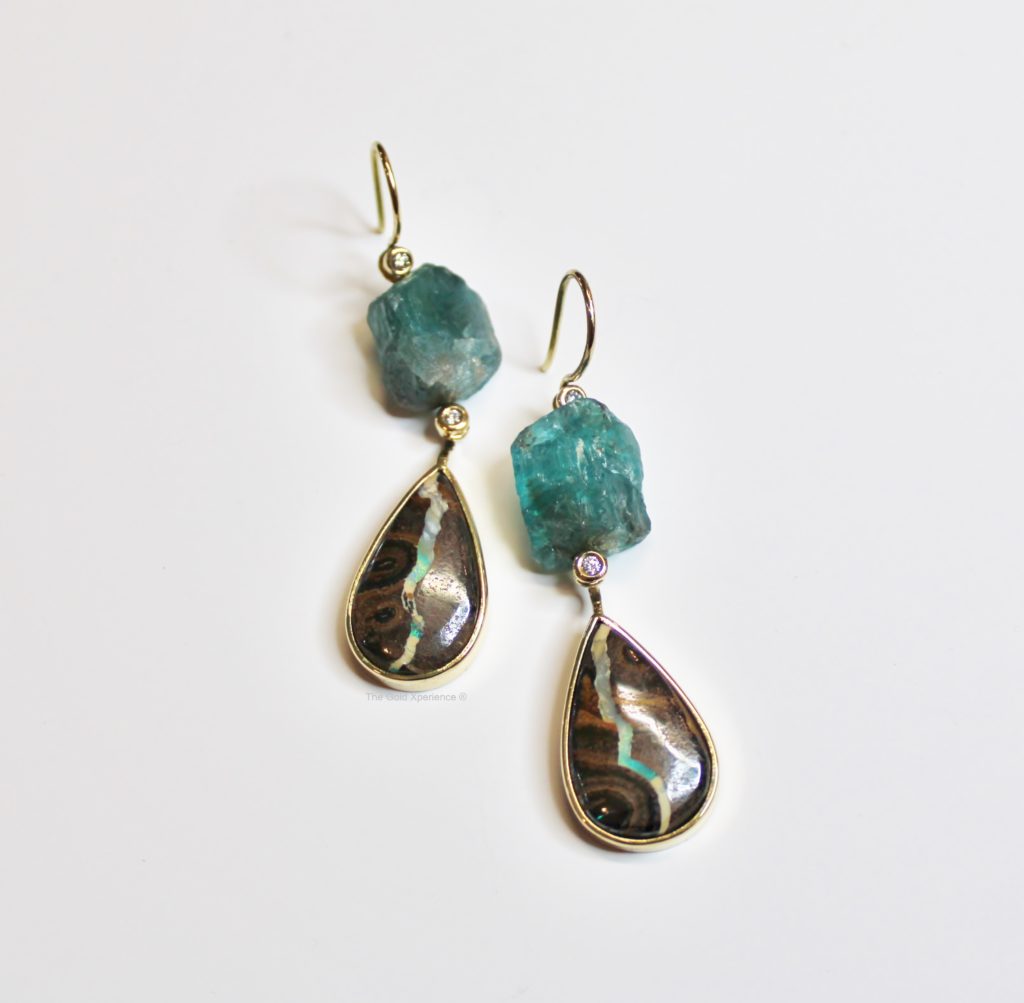 Earring gold boulder opal with raw aquamarine