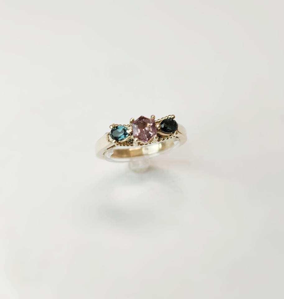 Yellow gold ring pink hexagon tourmaline